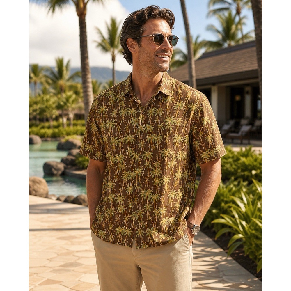 Tori Richard Hawaiian Shirt Mens L Brown Palm Tree Camp Shirt Cotton Lawn USA